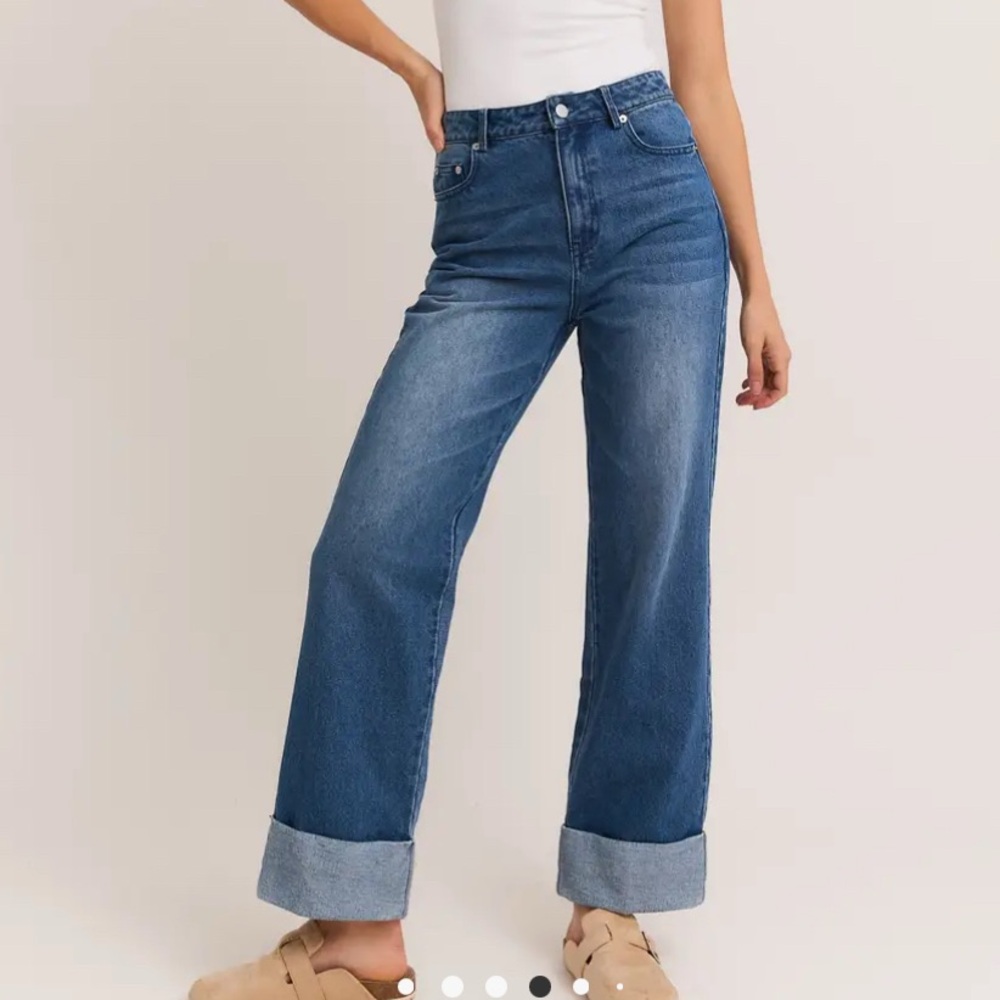 Classic High Waist Blue Straight Leg Cuffed Denim Jeans Timeless Design